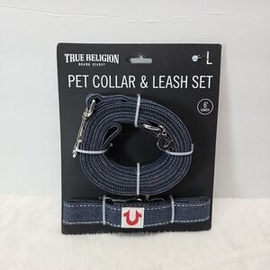 Dog True Religion Pet Collar & Leash Set Size Large Denim Blue NEW
